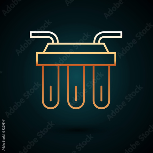 Gold line Water filter icon isolated on dark blue background. System for filtration of water. Reverse osmosis system. Vector.