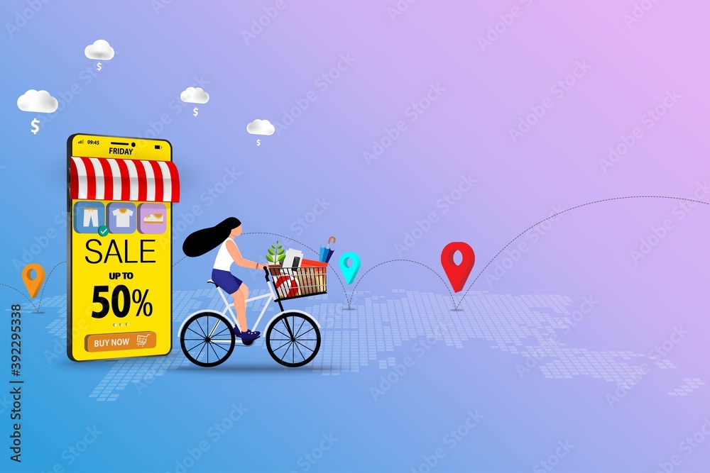 Concept of online shopping, young woman riding a bicycle to pick up the goods at store that already ordered from the application on mobile phone in blue pink shade background.