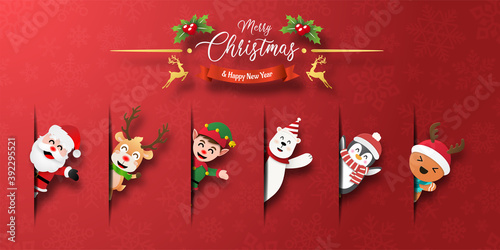 Merry Christmas and Happy New Year, Cute Christmas character in paper cut style