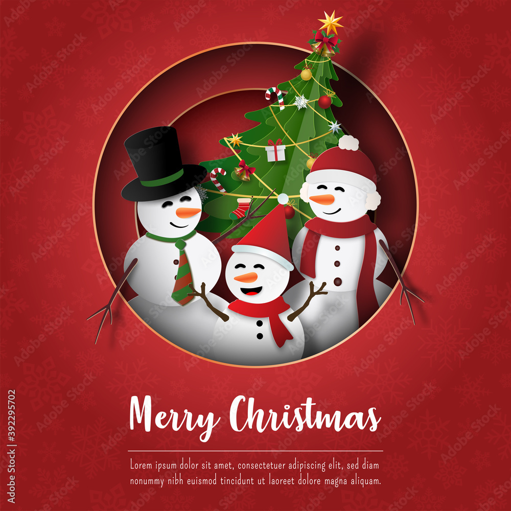 Merry Christmas and Happy New Year, Postcard of Snowman with Christmas tree, Paper cover