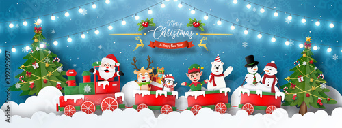Merry Christmas and Happy New Year, Christmas banner postcard of Christmas party with Santa Claus and friends with Christmas train