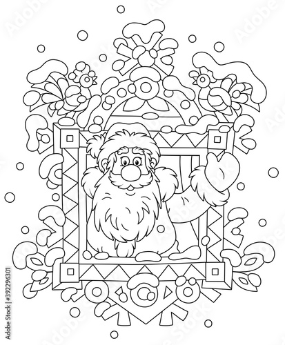 Santa Claus friendly smiling and waving his hand in greeting at a decorated window of a snowy old wooden house from a fairytale, black and white outline vector cartoon illustration