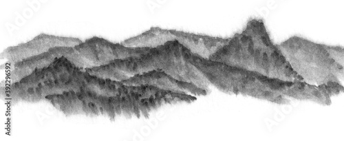 Background with mountains. Ink mountain. Black and white image. Ink Chinese mountain landscape. Mountains in the fog. Trees on the mountain. Ink image. Pines. Hill,  peak 