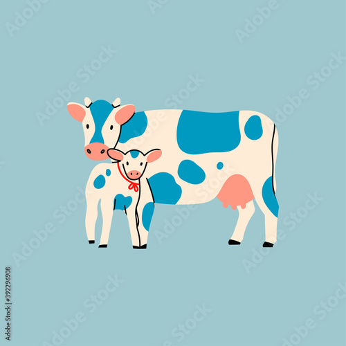 Cute Cow and Calf standing and looking in camera. Hand drawn colored trendy Vector illustration. Funny characters. Cartoon style. Flat design. Rural farm Animals concept. Isolated on blue background