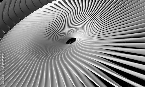 3d render of abstract black and white art technology machinery industrial 3d background with part of surreal turbine aircraft jet engine or wheel rim with sharp blades in white matte plastic material