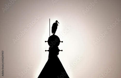 BIRZEBBUGA, MALTA - Oct 16, 2015: Silhouette of White Stork, Ciconia ciconia, resting on a bell tower of a Catholic Church in Malta. photo