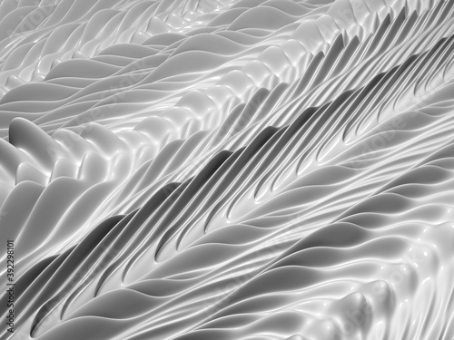 3d render black and white abstract art 3d background with part of deformed landscape dunes surface or textile drapery in curve wavy diagonal lines pattern in white glossy ceramic