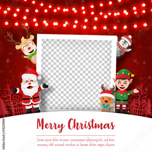 Merry Christmas and Happy New Year, Christmas postcard of photo frame with Santa Claus and friends, Paper art style