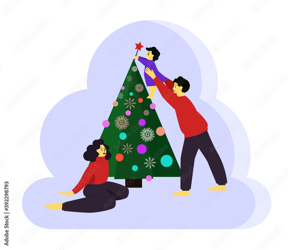Naklejka premium Christmas card with a picture of a young family who decorates the Christmas tree. Perfect for printing banners, flyers, and other graphics. EPS 10