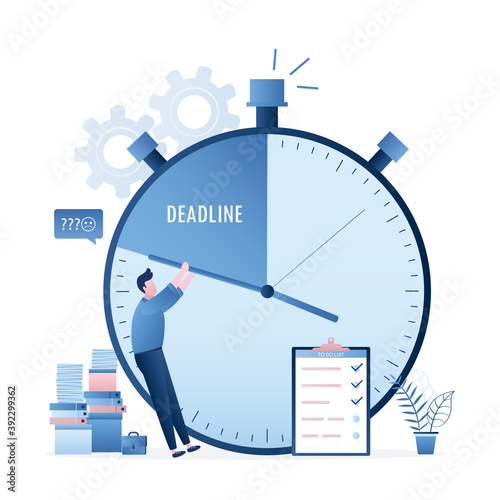 Office worker at workplace, lot of work. Male employee tries to stop time. Big watch with arrows. Time management, deadline concept.