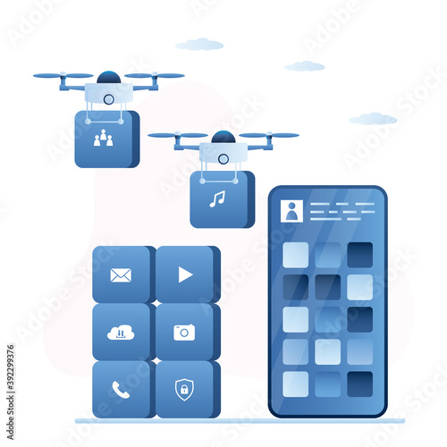 Drones bring bricks with icons. Creation of a new smart tariff plan for smartphone. Optimal feature set for communication.