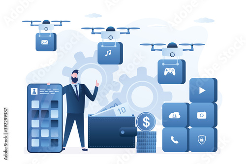Creation of new smart tariff plan for smartphone. Drones bring bricks with icons. Optimal feature set for communication.