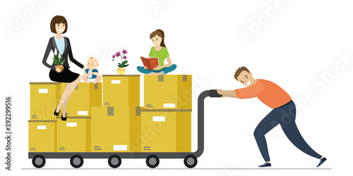 Relocation concept. Man pushes cart with various boxes. Family sitting on cardboard boxes, moving to new place of residence with things.