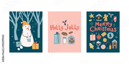 New Year greeting cards. Doodle cartoon set with snowman and Christmas decoration. Hand drawn lettering 