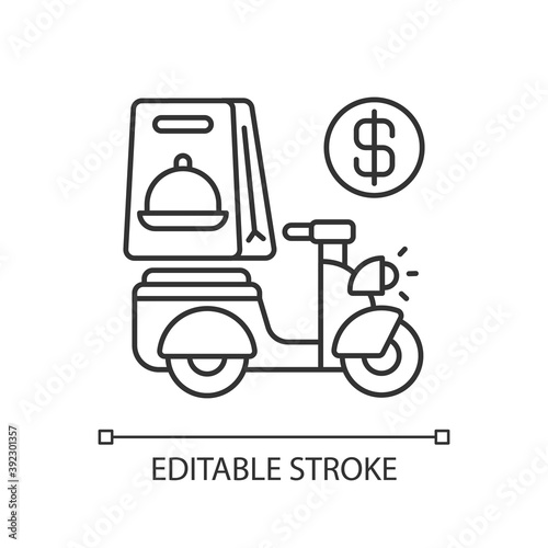 Delivery fee linear icon. Courier service. Online ordering. Collecting money from consumers. Thin line customizable illustration. Contour symbol. Vector isolated outline drawing. Editable stroke