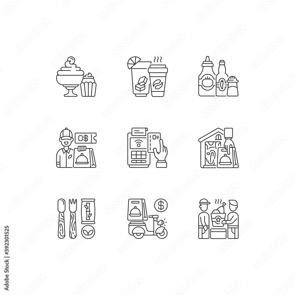 Delivery and takeout linear icons set. Drinks and beverages. Condiments and sauces. Ready-made dishes. Customizable thin line contour symbols. Isolated vector outline illustrations. Editable stroke