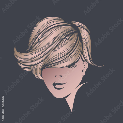 Hairstyle salon and beauty studio illustration.Short, wavy hair blonde woman with elegant makeup.Shampoo,cosmetics and spa icon.Young lady.Beautiful model face.Luxury,glamour style.