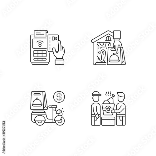 Meal delivery orders linear icons set. Cashless payment. Contactless, contact-free option. Delivery fee. Customizable thin line contour symbols. Isolated vector outline illustrations. Editable stroke
