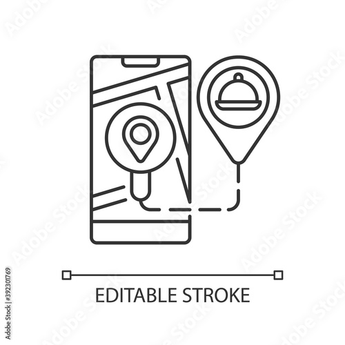 Real-time order tracking linear icon. Realtime visibility and control. Map-based view. Thin line customizable illustration. Contour symbol. Vector isolated outline drawing. Editable stroke