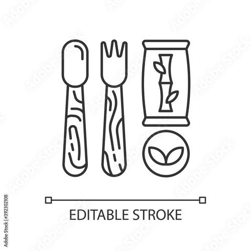 Disposable cutlery linear icon. Eco-friendly alternatives. Wooden  bamboo utensils. Thin line customizable illustration. Contour symbol. Vector isolated outline drawing. Editable stroke