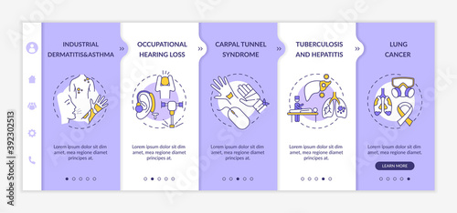 Occupational sickness onboarding vector template. Industrial dermatitis and asthma after working day. Responsive mobile website with icons. Webpage walkthrough step screens. RGB color concept