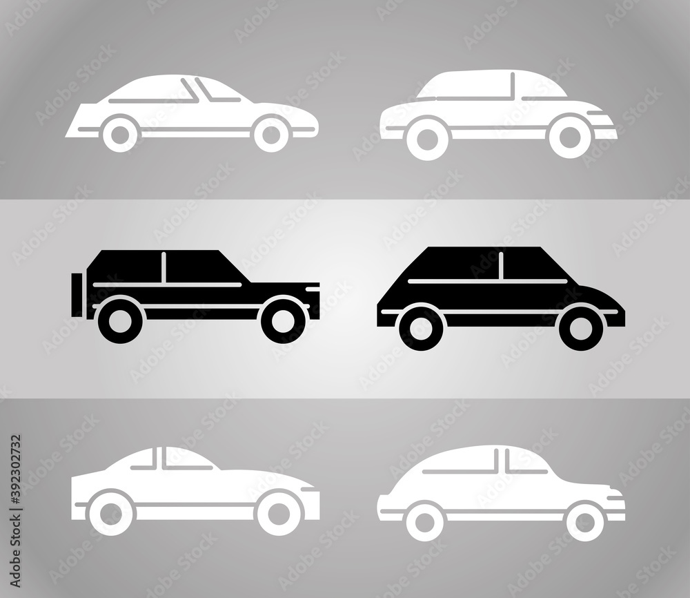 cars automobile transport, side view silhouette icons on gray background