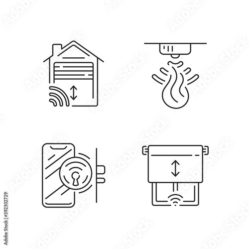 Remote home control system linear icons set. Wireless garage door opener. Fire sensor for your home. Customizable thin line contour symbols. Isolated vector outline illustrations. Editable stroke