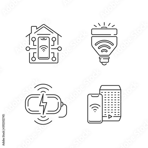 Remote access to different devices linear icons set. Smart home with light bulbs. Ai speaker assistant Customizable thin line contour symbols. Isolated vector outline illustrations. Editable stroke