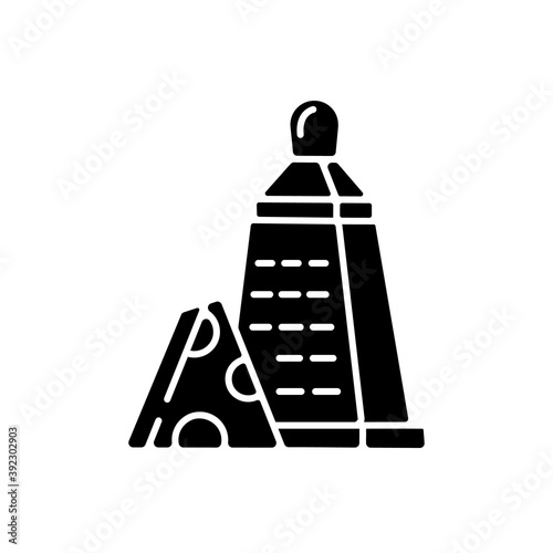 Grater of vegetables black glyph icon. Cheese stainless cutter. Kitchen utensil to slice cheddar. Cut cooking ingredient. Sharp cutlery. Silhouette symbol on white space. Vector isolated illustration