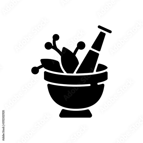 Mortar and pestle black glyph icon. Kitchen tool to mesh herbs. Cooking utensil to mix condiments. Food cooking. Seasoning preparation. Silhouette symbol on white space. Vector isolated illustration