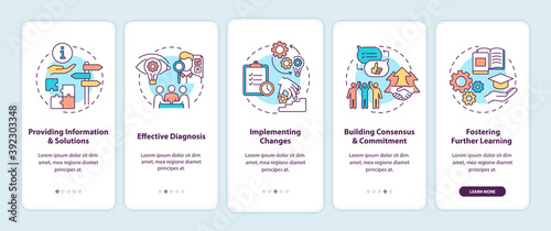 Business consulting stages onboarding mobile app page screen with concepts. Providing information, diagnosis walkthrough 5 steps graphic instructions. UI vector template with RGB color illustrations