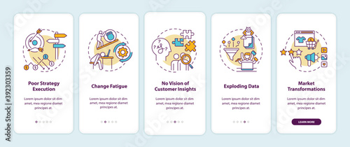 Business challenges onboarding mobile app page screen with concepts. Change fatigue, poor strategy execution walkthrough 5 steps graphic instructions. UI vector template with RGB color illustrations