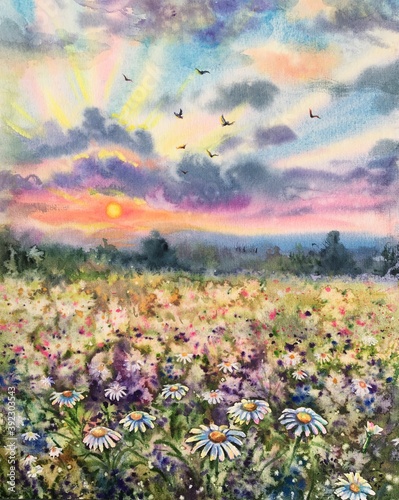 Watercolor beautiful rural landscape with sunrise and blossoming meadow. Purple, white flowers flowering on summer field. Happy new day concept. Vertical view, copy-space. Template for designs , card. © El_Art