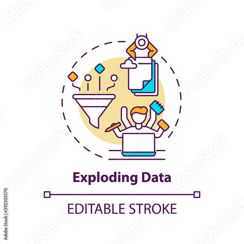 Exploding data concept icon. Business challenges idea thin line illustration. Ever-increasing data amounts. Storage capacity requirements. Vector isolated outline RGB color drawing. Editable stroke