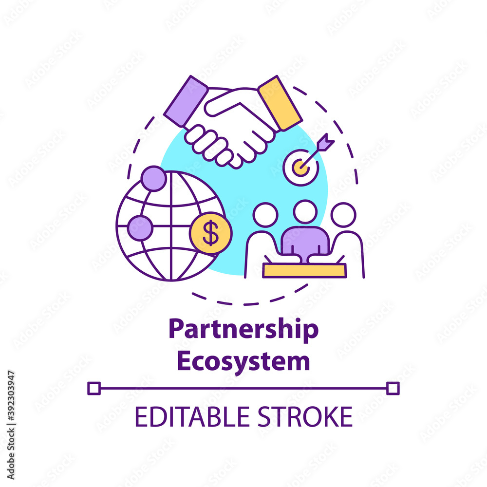 Partnership ecosystem concept icon. Digital consulting component idea thin line illustration. Company distribution strategy. Collaboration. Vector isolated outline RGB color drawing. Editable stroke - obrazy, fototapety, plakaty 