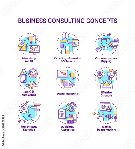 Business consulting concept icons set. Business challenges idea thin line RGB color illustrations. Advertising and PR. Digital marketing. Vector isolated outline drawings. Editable stroke