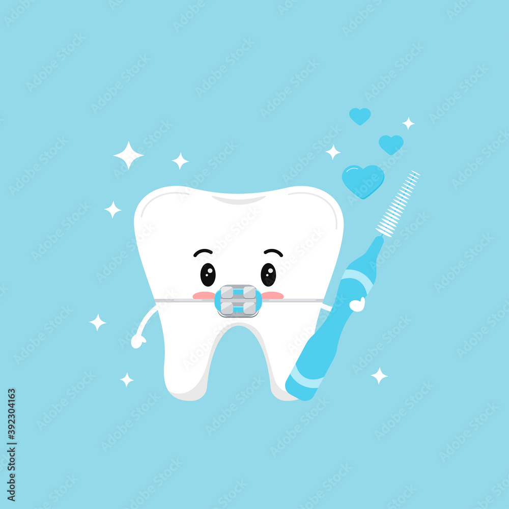 Cute tooth with dental braces in love with interdental brush in hand ...