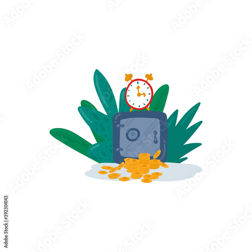 Illustration of a safe with a watch and coins. The concept of financial security in a safe. Time, money, reliability, safety. Drawn in the Doodle style. Vector illustration
