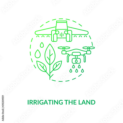Irrigating the land concept icon. Agriculture machines tasks. Applying controlled amounts of fresh water to treat plants idea thin line illustration. Vector isolated outline RGB color drawing