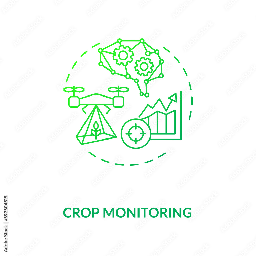 Crop monitoring concept icon. Innovative agriculture technology. Analyzing plant health status and growth period idea thin line illustration. Vector isolated outline RGB color drawing Crop monitoring concept icon. Innovative agriculture technology. Analyzing plant health status and growth period idea thin line illustration. Vector isolated outline RGB color drawing