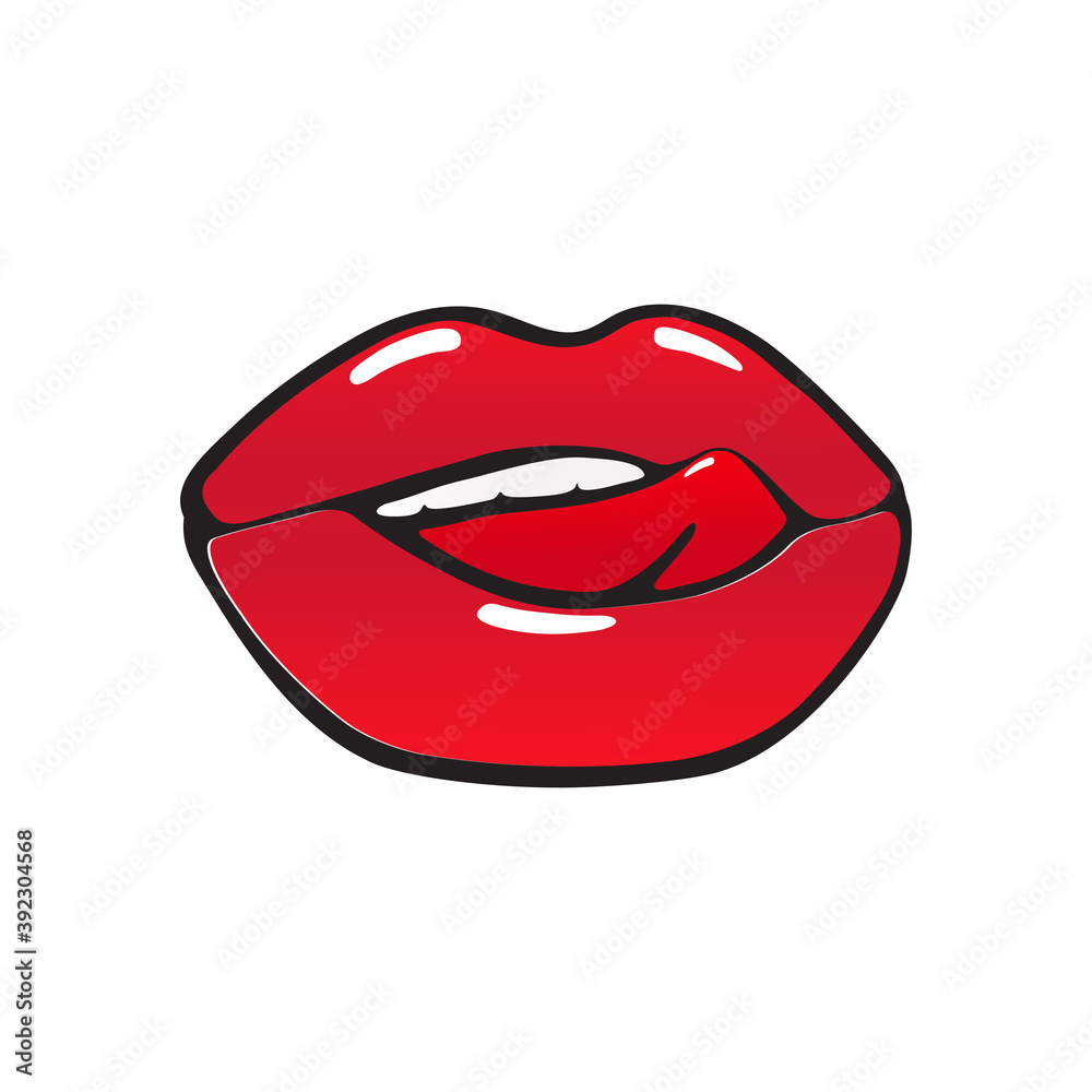 Red bitten and licked lips. Color icon in cartoon style isolated on white background. Red bitten and licked lips. Color icon in cartoon style isolated on white background.