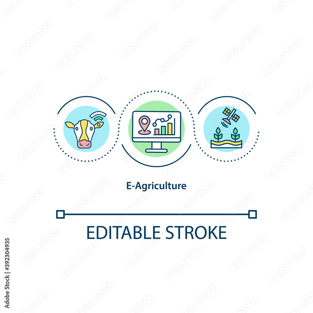 E-agriculture concept icon. Information and communication technologies. Rural development idea thin line illustration. Vector isolated outline RGB color drawing. Editable stroke. E-agriculture concept icon. Information and communication technologies. Rural development idea thin line illustration. Vector isolated outline RGB color drawing. Editable stroke.