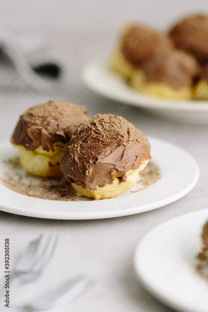 Dessert of Diabetic Chocolate Profiteroles on plate Dessert of Diabetic Chocolate Profiteroles on plate