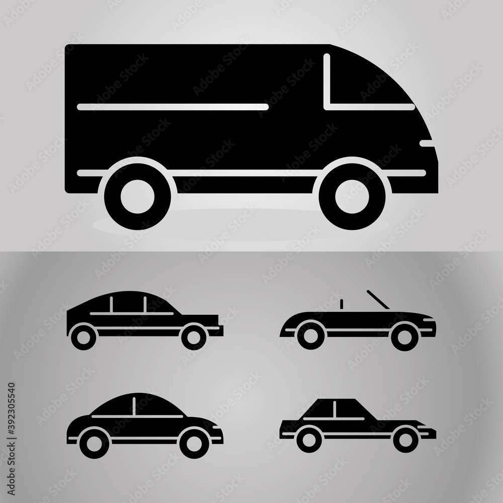 cars transport, side view silhouette icons on gray background