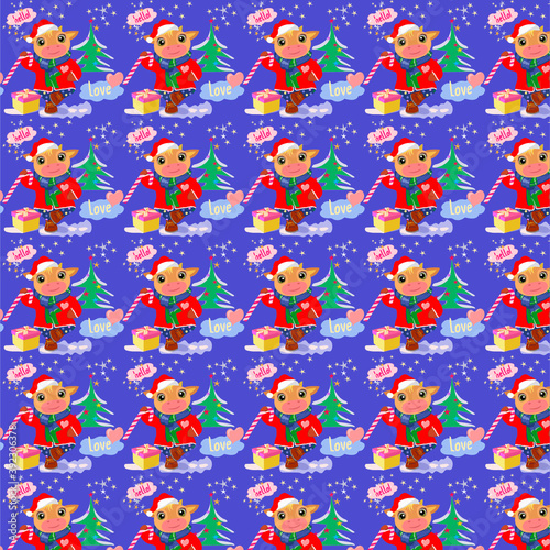 Pattern with funny cute cow in Santa Claus costume-symbol 2021