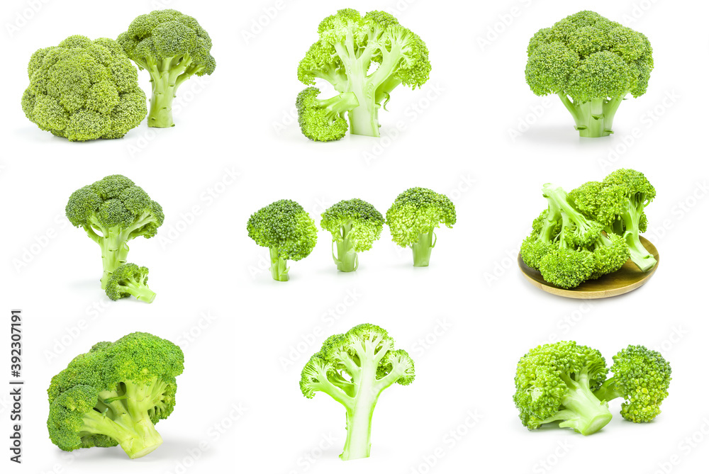 Collage of broccoli floret over a white background Collage of broccoli floret over a white background