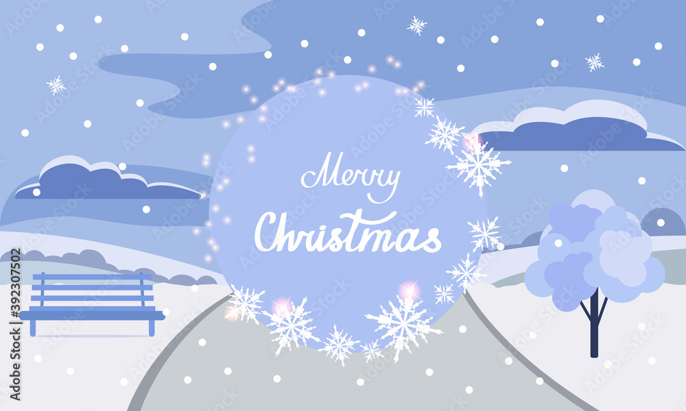 Merry Christmas. Vector illustration of a winter park. Winter landscape. Winter snowy Christmas background. Christmas greeting card Merry Christmas. Vector illustration of a winter park. Winter landscape. Winter snowy Christmas background. Christmas greeting card