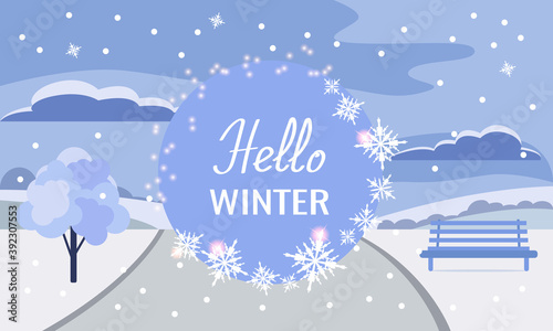 Winter Christmas background or banner, poster or greeting card with text Hello Winter. Vector illustration of a winter park landscape © Marina