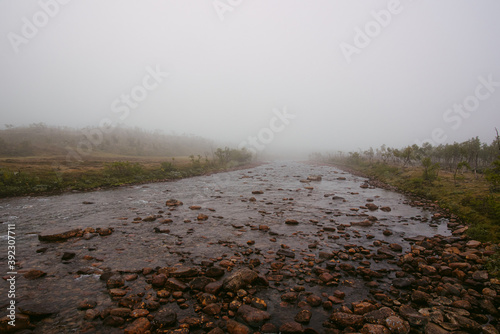 Calm shallow river with stones in foggy day in autumn photo