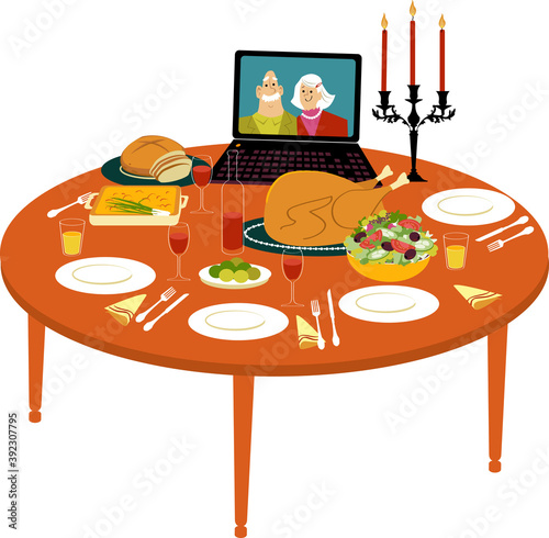 Holiday turkey dinner on the table with a laptop streaming video chat with faraway relatives, EPS 8 vector illustration